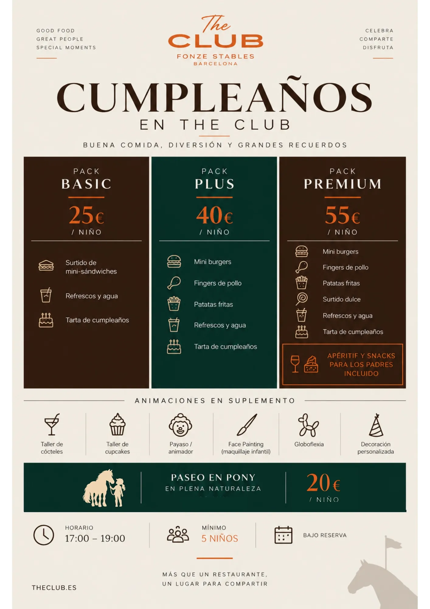 Folleto informativo de fiestas de cumpleaños en The Club. El paseo en poni cuesta 20 euros por niño.