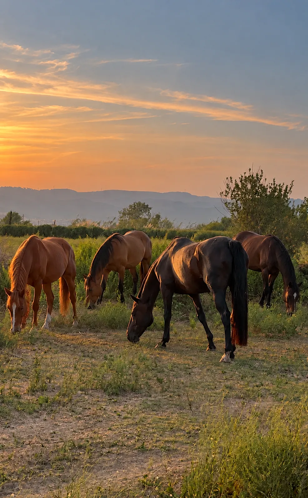 Varios caballos sueltos pastando en el campo durante una excursión