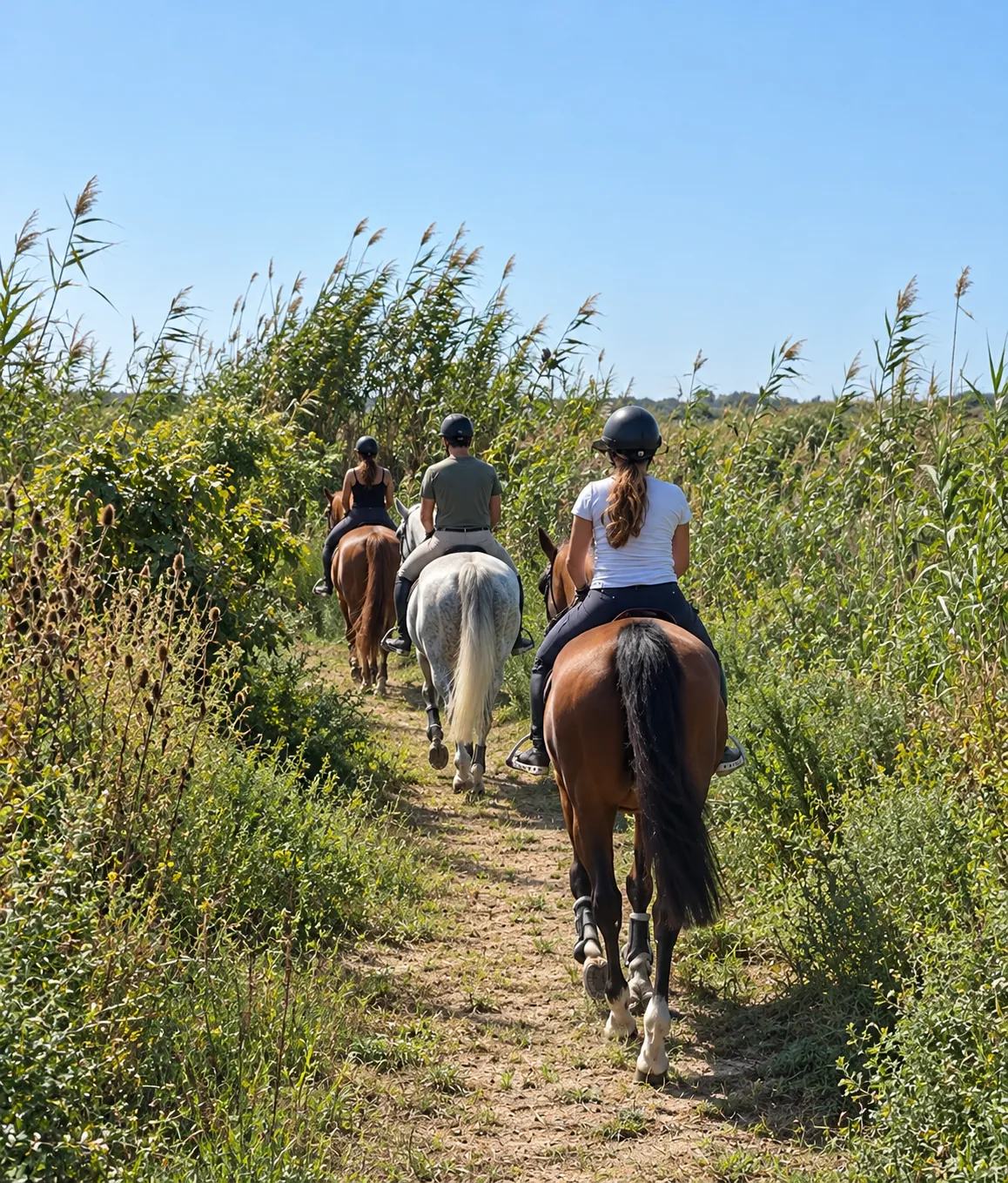 Grupo de jinetes paseando a caballo por el camino del campo